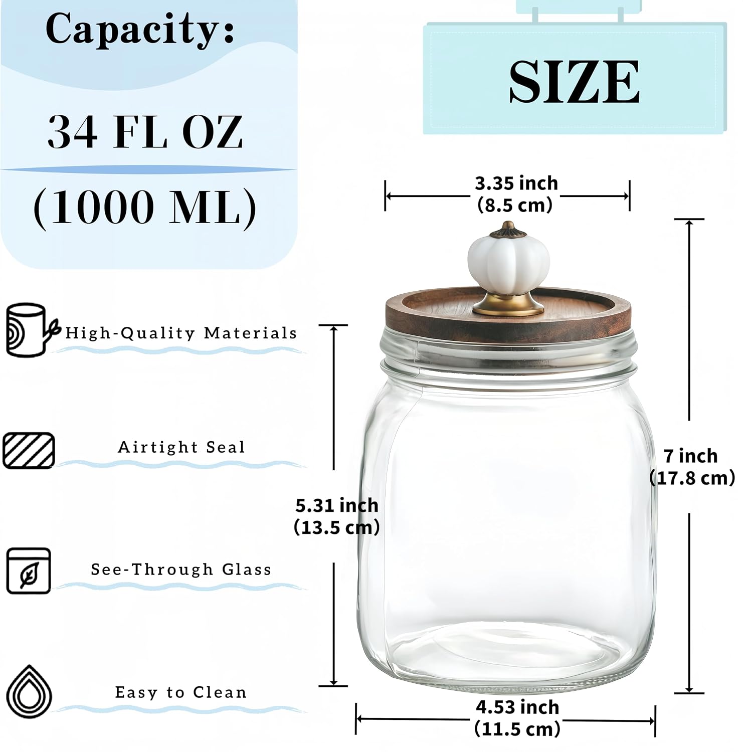 34 oz Airtight Square Glass Canister with Solid Wood Lid and Pumpkin Knob