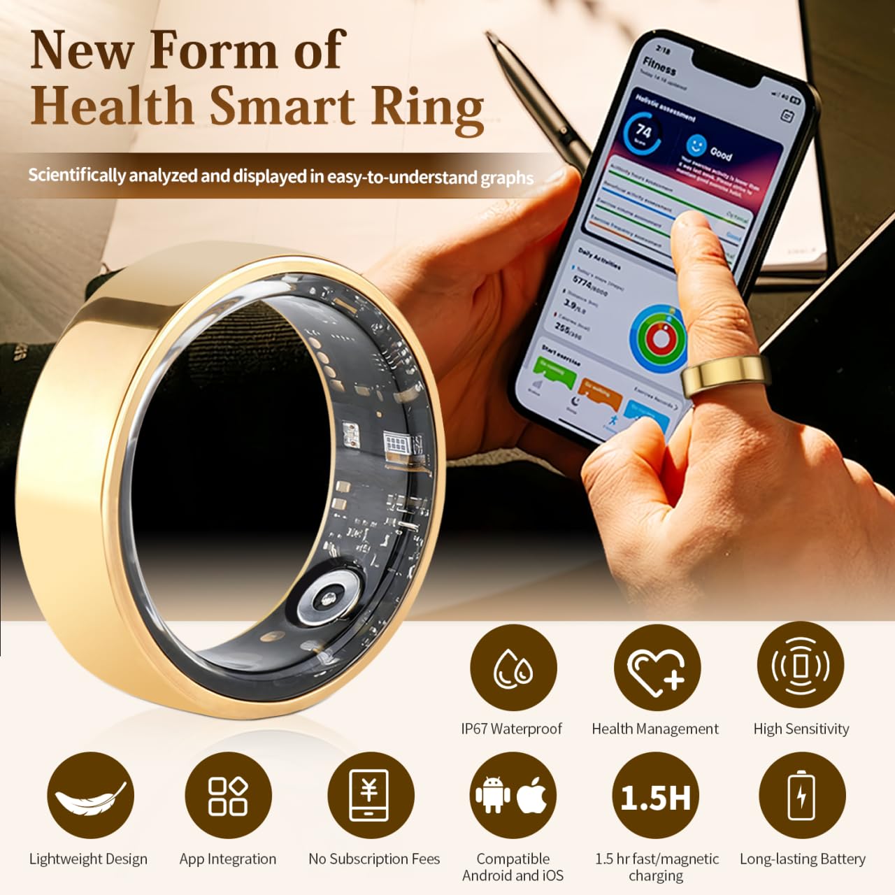 Health Rings for Women Men, Fitness Ring with Heart Rate/Blood Oxygen, Sleep Tracker, Calorie, Pedometer, 7-Day Battery Life, IP67 Waterproof Smart Ring Health Tracker for Android & iOS (Gold, 9)