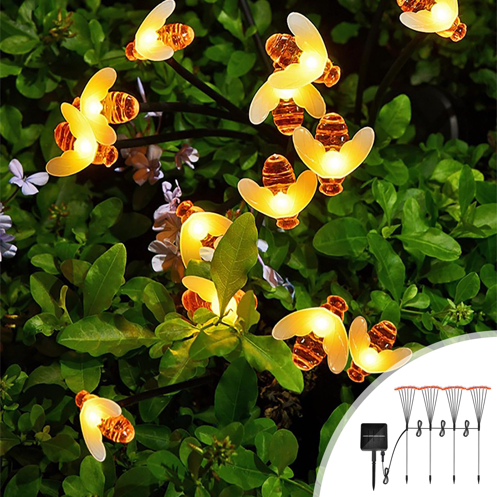 Solar Lights for Outside, [4 Pack] Garden Solar Lights Outdoor Waterproof, Separate 1200mAh Solar Panel Power Daisy Chained to Swaying Bee Lighting with 8 Flash Modes for Yard Pathway Patio