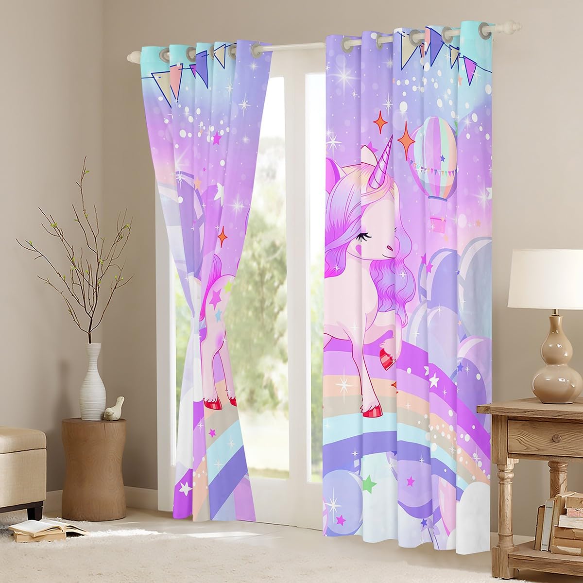 Loussiesd Unicorn Girls Window Curtains for Bedroom Living Room Cute Rainbow Unicorn Curtains Cartoon Window Drapes Treatments Kids Galaxy Stars Magical Purple Unicorn Animal Room Decor W46*L54 - Image 3