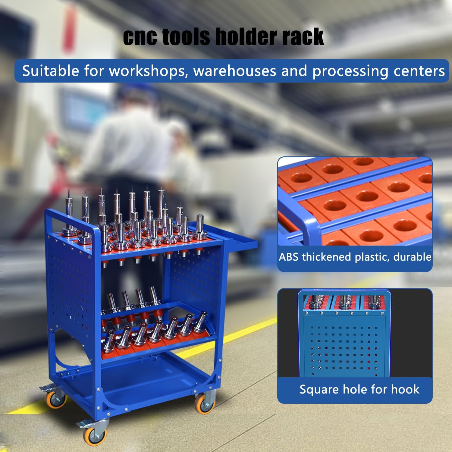 BT40 Blue Classic Mobile CNC Tool Storage Cart, CAT40 CNC Tool Holder Keeper Utility Carts with Wheels, CNC Tool Service Carts for Warehouses Machining Centers
