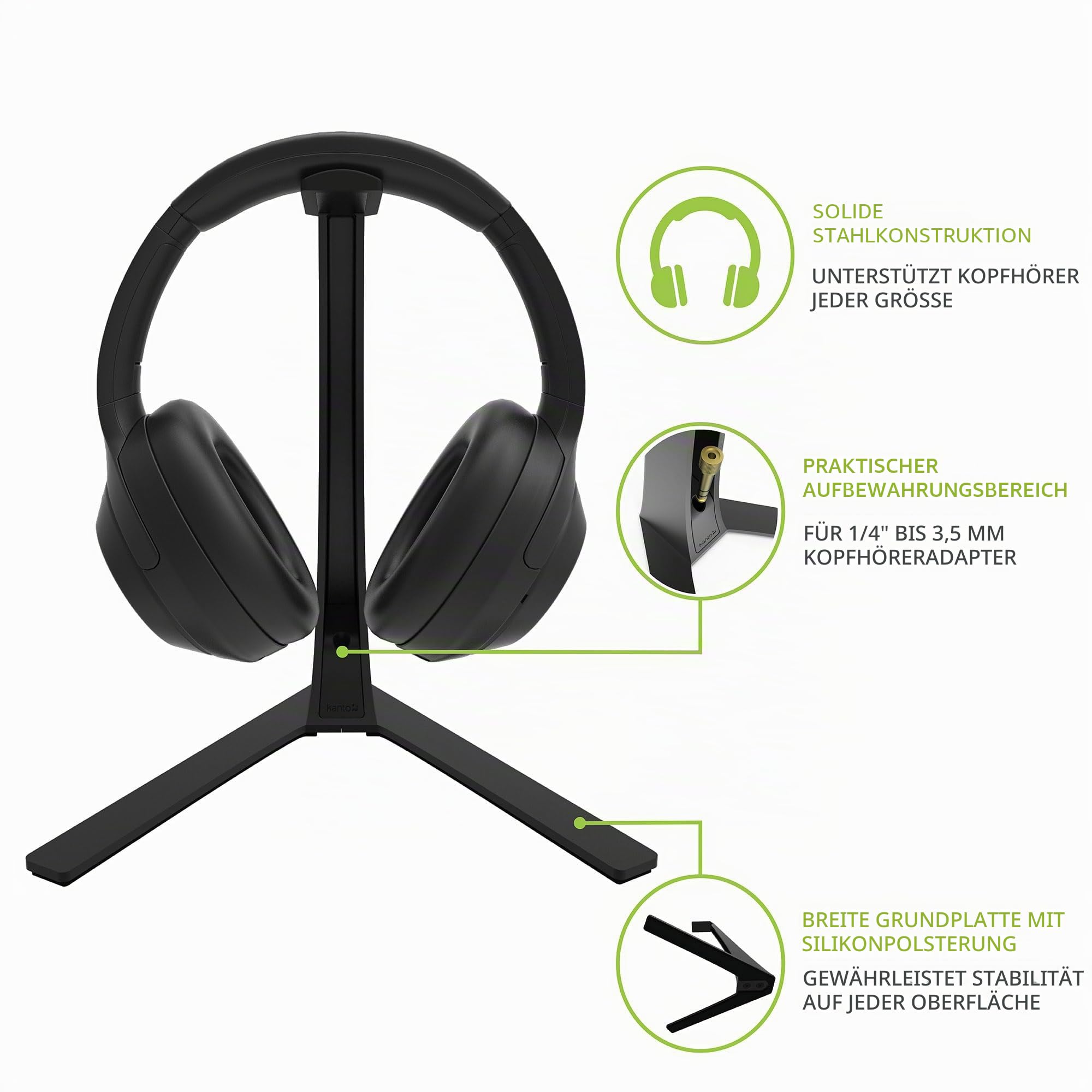 Kanto H3 Universal Desktop Headphone and Headset Stand with Silicone Padding & Adapter Holder | 9.9 kg Weight Capacity | Curved Silicone Cradle | Black