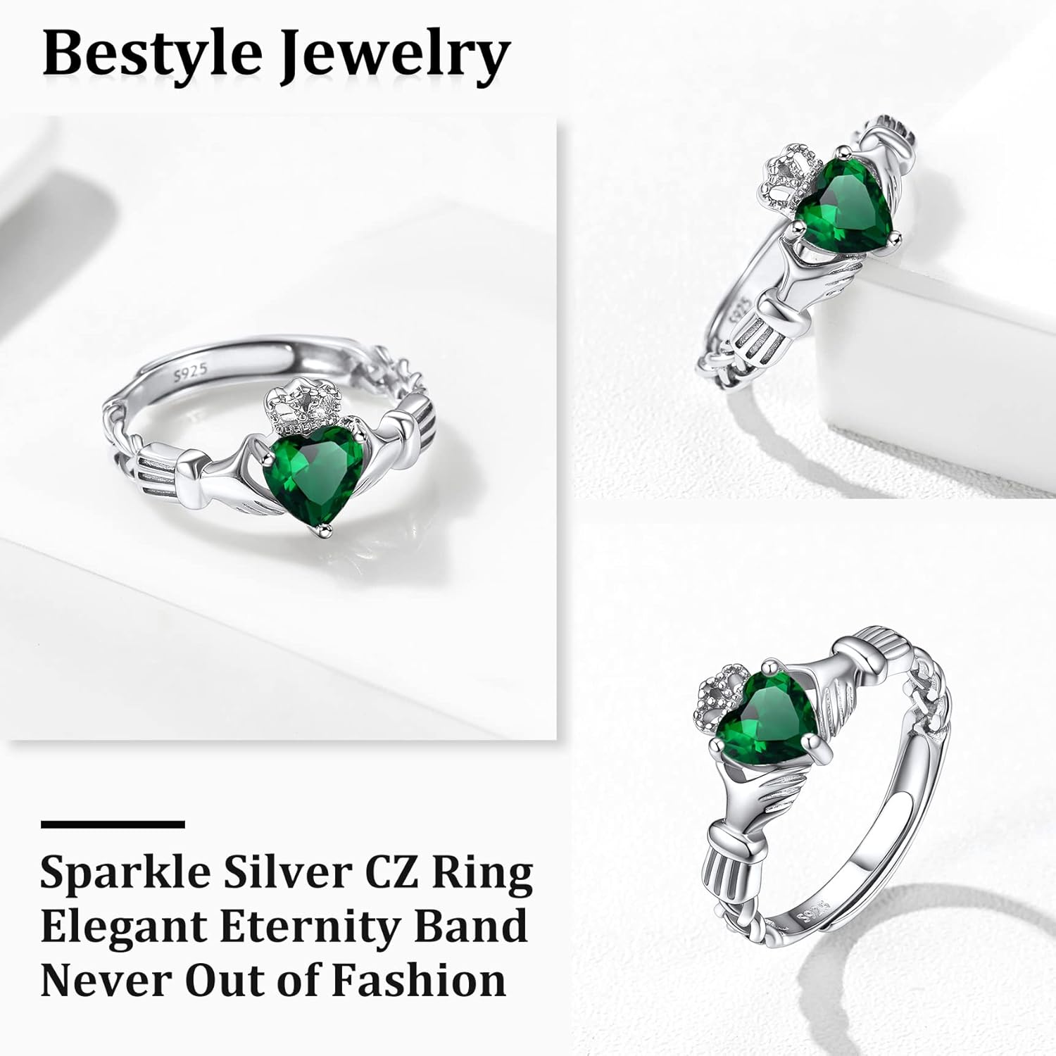 Bestyle 925 Sterling Silver Claddagh/Celtic Knot Birthstone Ring for Women,Hypoallergenic Adjustable Irish Wedding Band, Heart Jewelry Gifts for Mother's Day,Anniversary