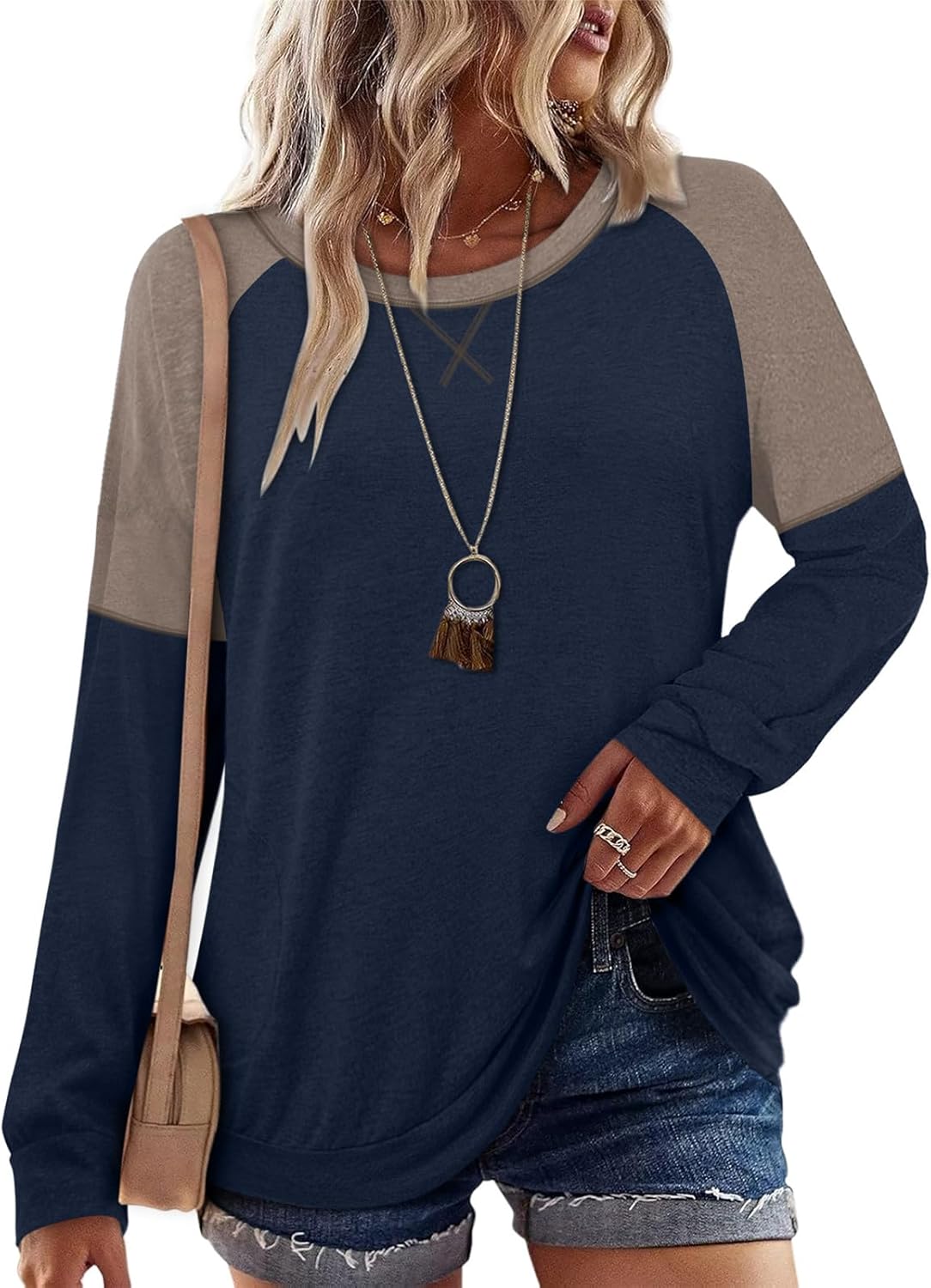 onlypuff Long Sleeve Tunic Top for Women Loose Fitting Round Neck