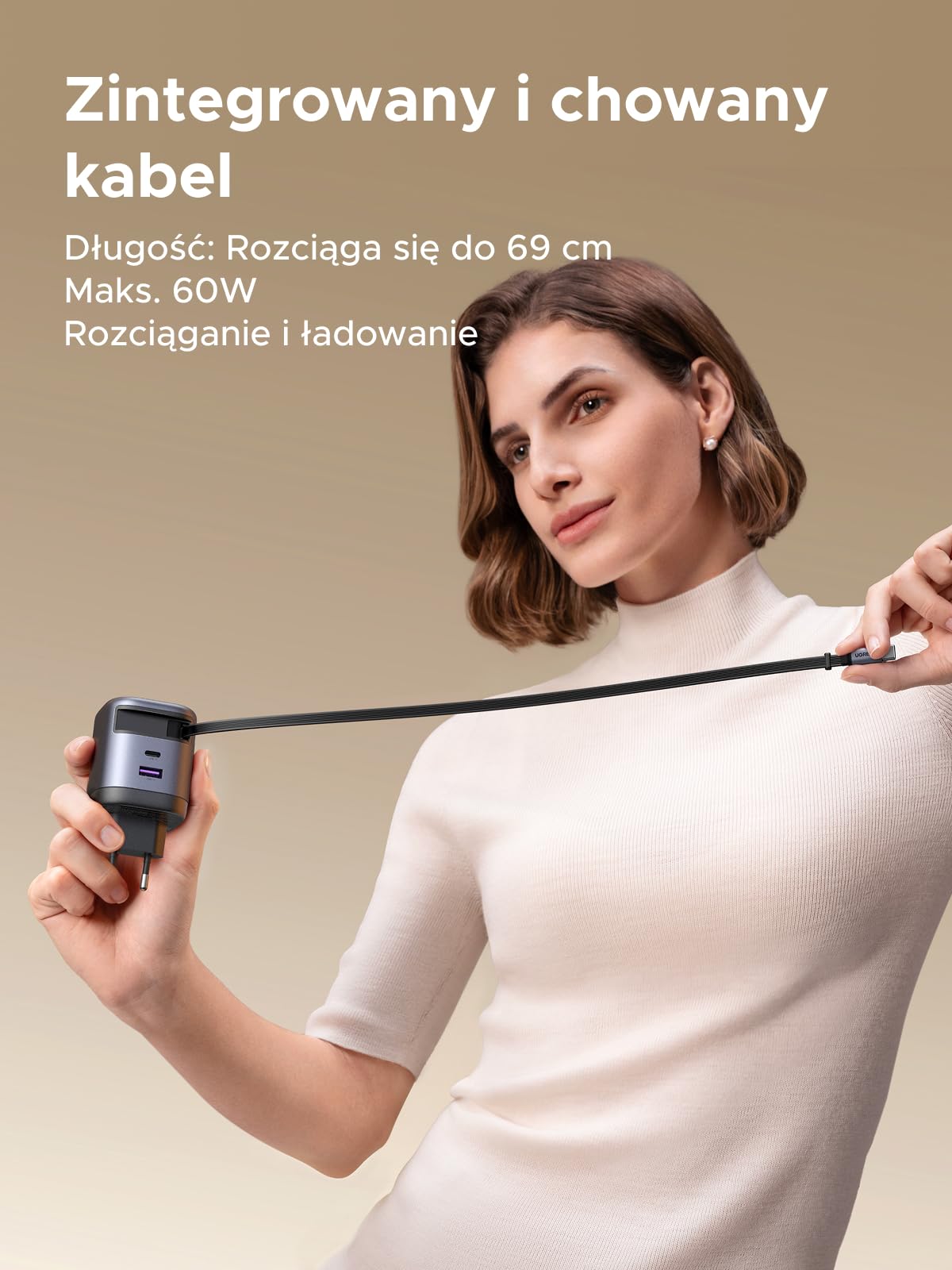 UGREEN Nexode Ładowarka USB-C 65 W, z przedłużanym kablem o długości 69 cm, 3 porty