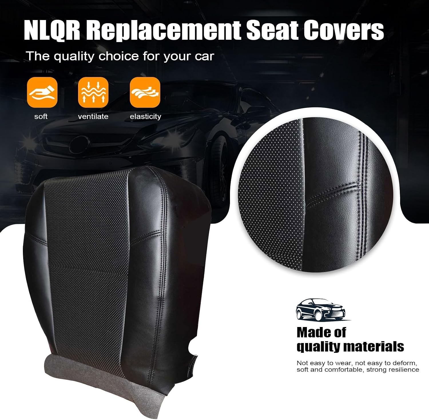 NLQR Front Driver Or Passenger Side Bottom Replacement Perforated Leather Seat Cover Ebony Black #194 196 197 Compatible with Cadillac Escalade EXT ESV AWD 2007 2008 2009 2010 2011 2012 2013 2014