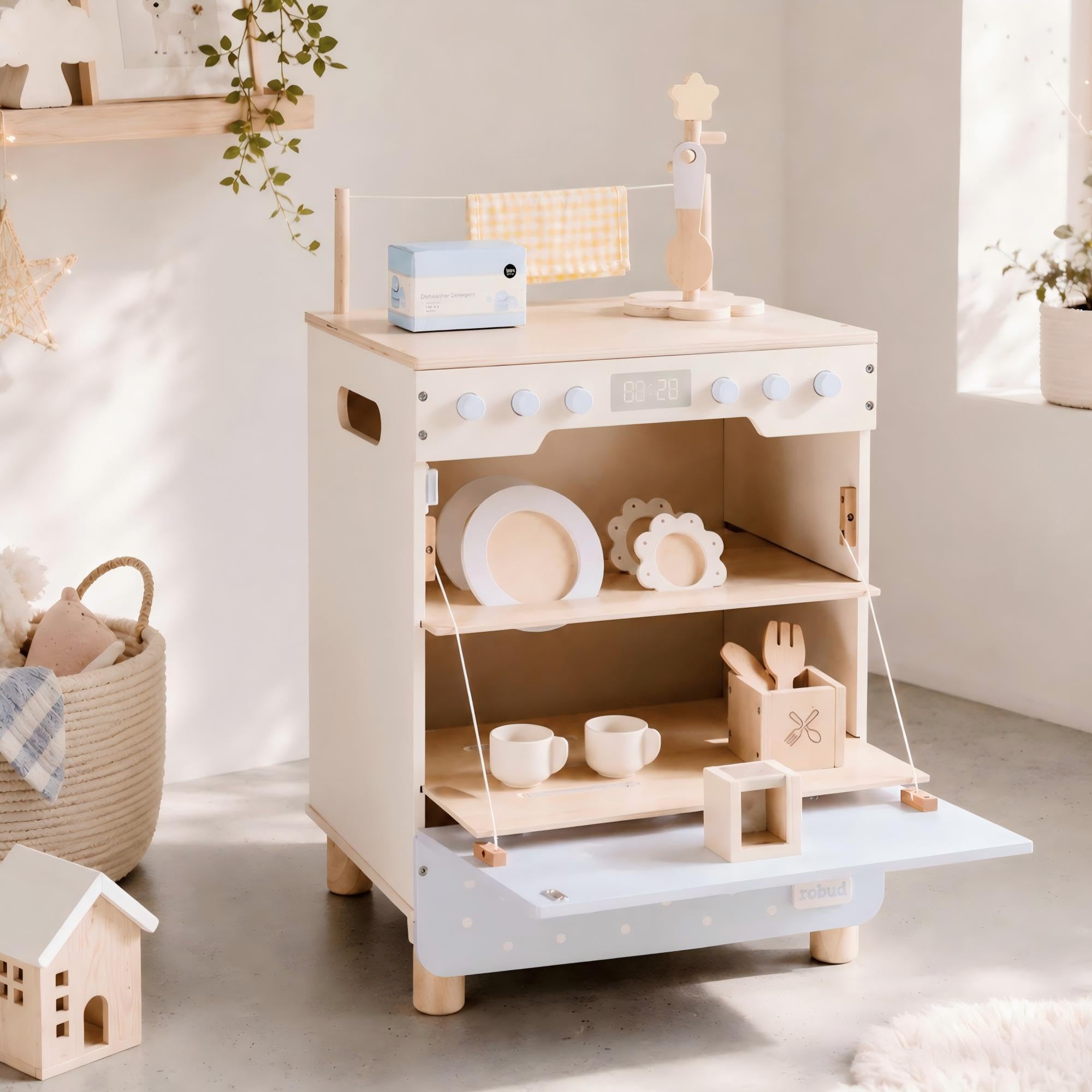 ROBUD Ensemble de jeu en bois pour lave-vaisselle, jeu de rôle avec couverts, assiettes, tasses à café pour enfants, tout-petits, cadeau de cuisine pour garçons et filles à partir de 3 ans