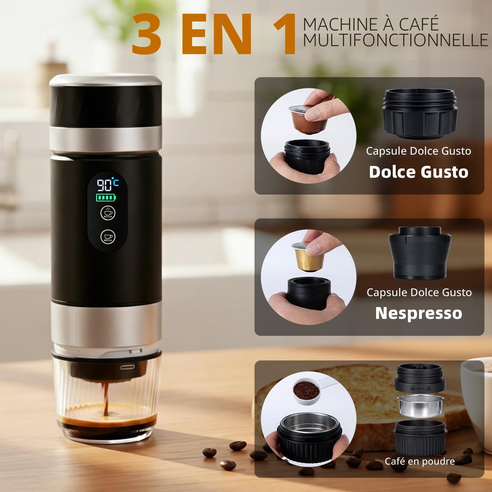Machine à Café Portable 3 en 1, Cafetière Portable 20Bar Cafetiere Rechargeable Expresso Machine a Cafe Compatible avec Capsules Ness-preso, Dolce-Gusto et café Moulu pour Bureau Maison Voyage