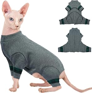Pulover pentru pisici Sfinx Hjyokuso, costum salopetă cu patru picioare, moale și respirabil, gri, M