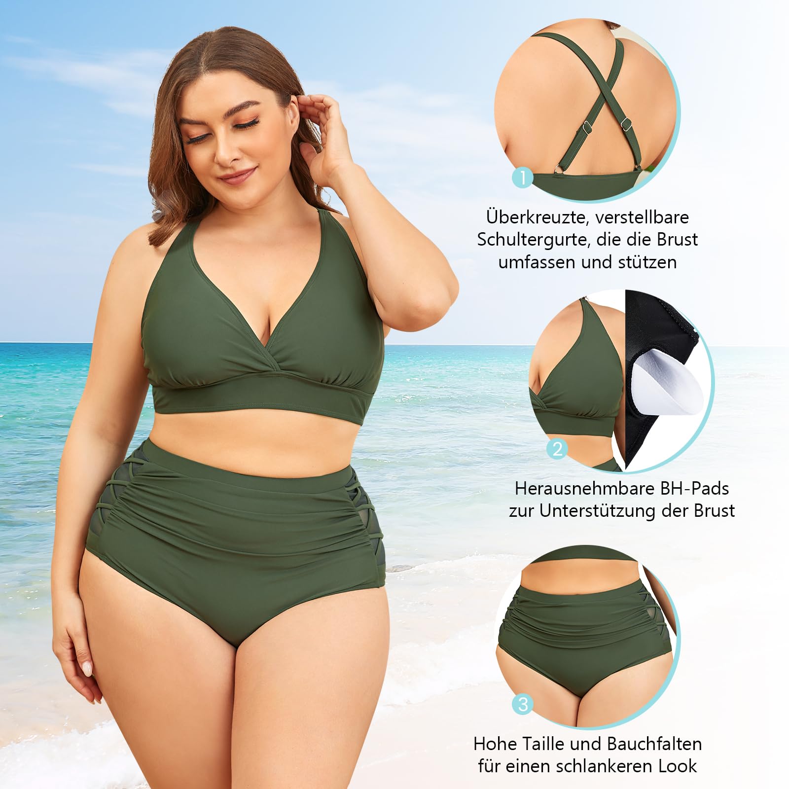 Century Star Bikini pour femme ventre plat gros seins maillot de bain col en V maillot de bain contrôle du ventre ensembles bikini taille haute, Vert armée, XXXL
