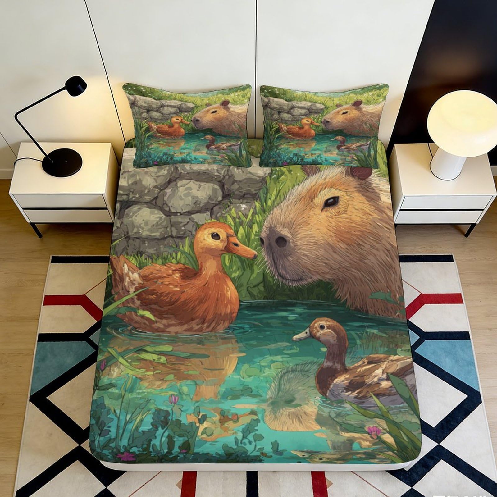 3D Printed Capybara Pond Fitted Sheet Microfiber Duck Water Scene Mattress Cover Anti-Slip Bedroom Decor Easy Care 90x200x25cm