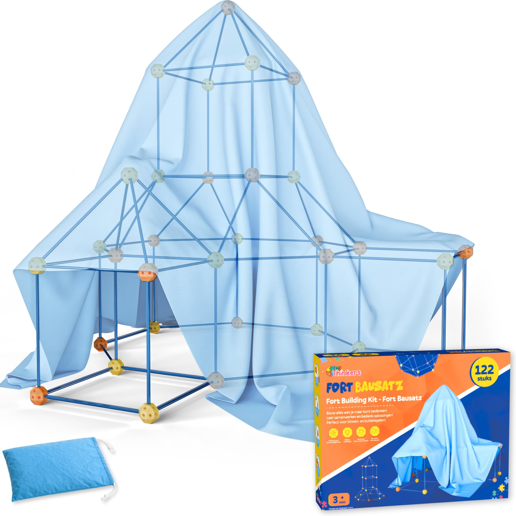 Kit Construction Cabane Enfant XL, 122 Pièces avec 76 Tiges & 46 Boules, Jouet STEM Créatif, Construire Fort, Tente & Château, Indoor & Outdoor, Sac de Rangement & E-Book Inclus
