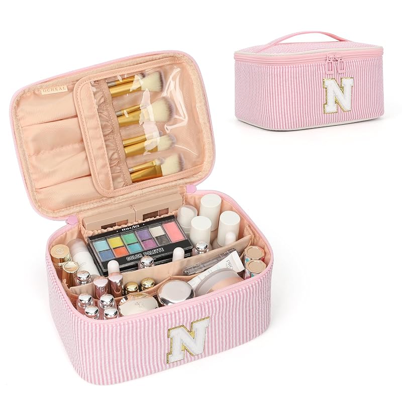 OCHEAL Necessaire de Maquiagem Rosa com Monograma e Compartimento para Pincéis, 24,13 x 16,51 x 11,94 cm