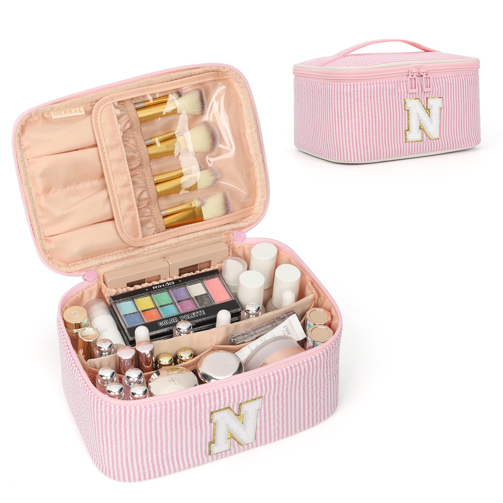 OCHEAL Makeup Bag for Women, Monogram Cosmetic Bag with Brush Holder, Pink Travel Makeup Case Beauty Toiletry Bag Organizer Personalized Gifts for