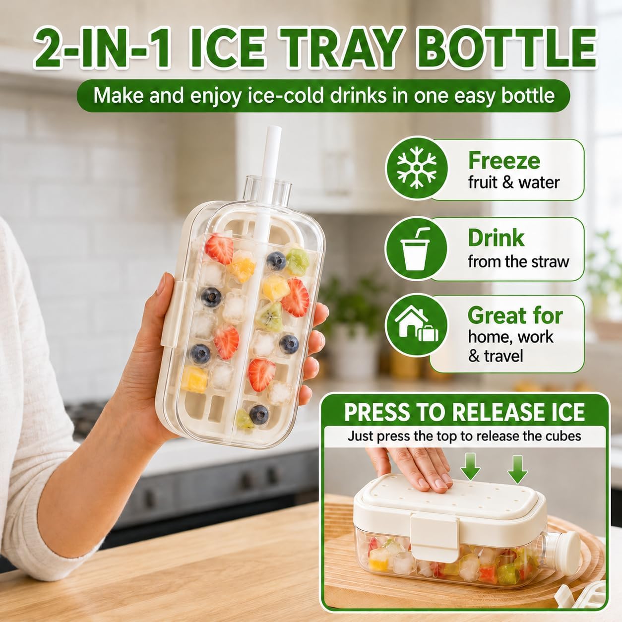 2026 Upgraded 2-in-1 Ice Cube Bottle with Straw, Dual-Seal Lid, 800 mL