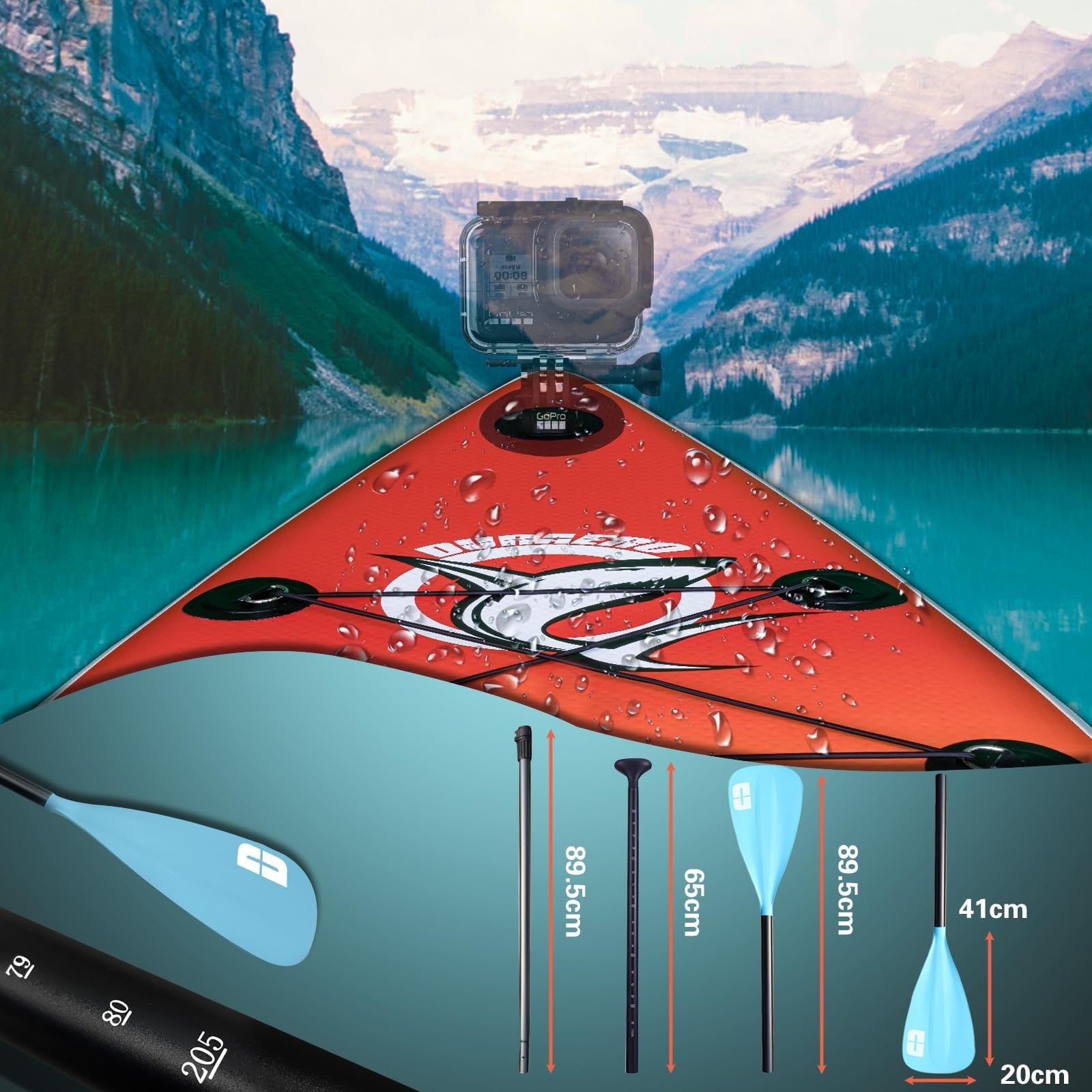 Tavola gonfiabile da Stand Up Paddle, seduta kayak, 330 x 76 x 15 cm, portata fino a 150 kg, supporto per cam, pad integrato 3 pinne, doppia pagaia regolabile, accessori completi (Rosso)