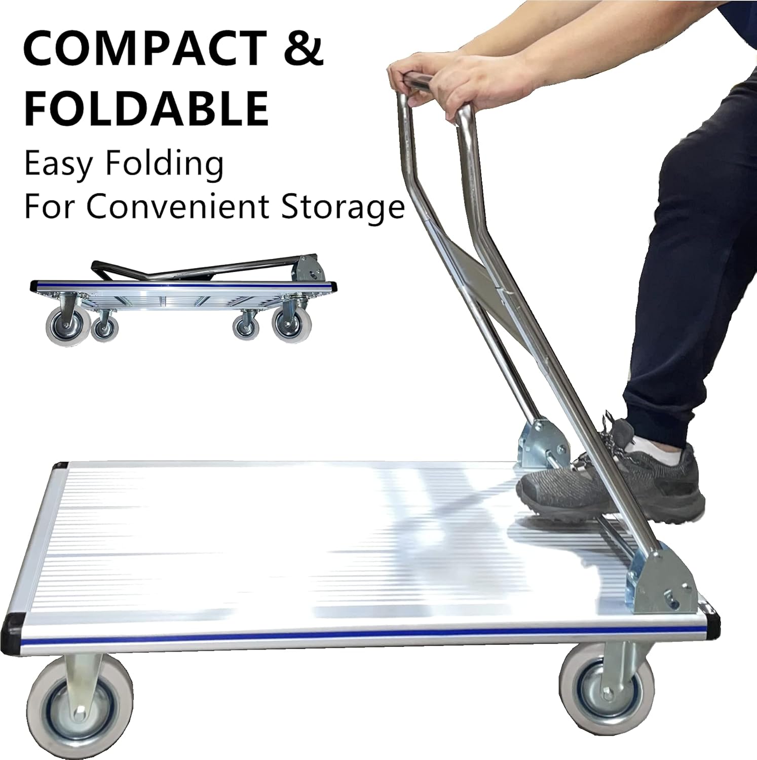 Folding Platform Truck, Aluminum, 550 lbs Capacity, 35.5" x24'', Compact Foldable Cart for Warehouse, Restaurant, Shops Factories and Home - Flatbed Cart with 4 Rubber Wheels