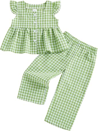 Biayxms Toddler Baby Girls Clothes Plaid Square Neck Sleeves Button Tank Tops and Linen Pants Gingham Girl Summer Outfits