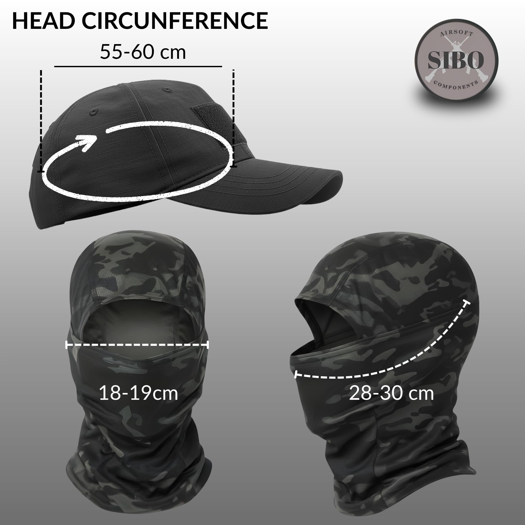 Sibo - Outdoor-Set (3-teilig): Taktische Klett-Cap + Outdoor-Schutzbrille + Elastische, atmungsaktive Sturmhaube für Airsoft, Paintball, Jagd, Wandern, Radfahren, Running, Skifahren (Schwarz)