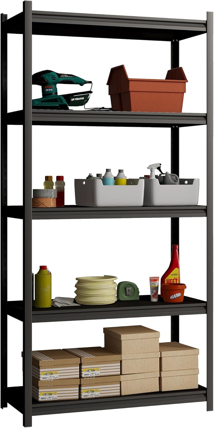 72" H Garage Storage Shelves Heavy Duty Shelving Units,5 Tier Utility Shelf Rack, Suitable for Garage,Warehouse,Workshop,Pantry Basement,Repair(Black)