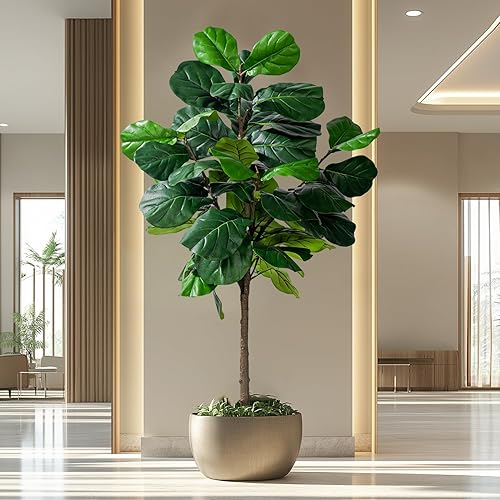Miniatura 6 de Árbol de hoja de violín artificial, planta sintética de 6 pies, árbol de ficus lyrata artificial, higuera artificial de seda con plantas de suelo