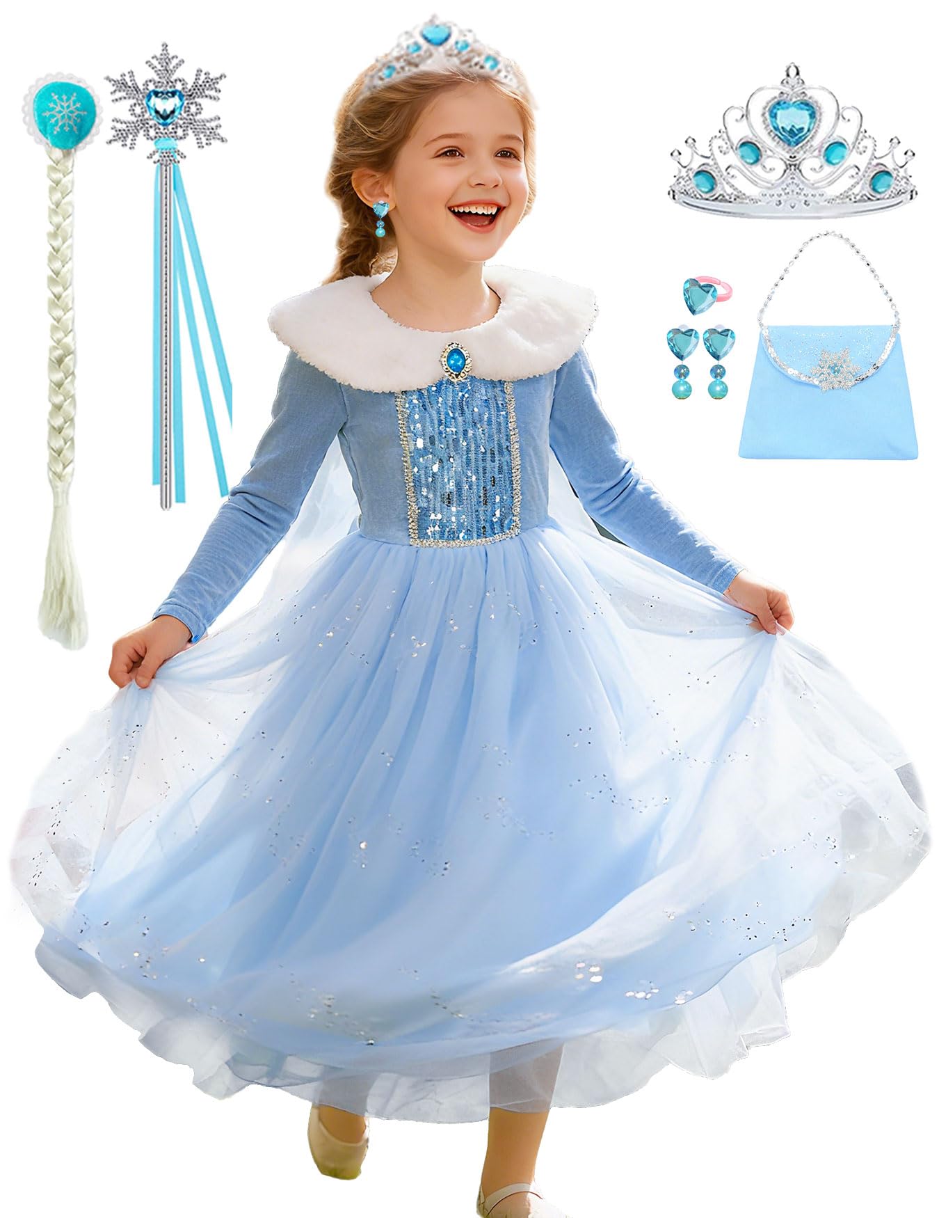 Luzlen Princess Costume for Girls Snow Princess Dress Up Kids Winter Halloween Birthday Party Blue Outfits