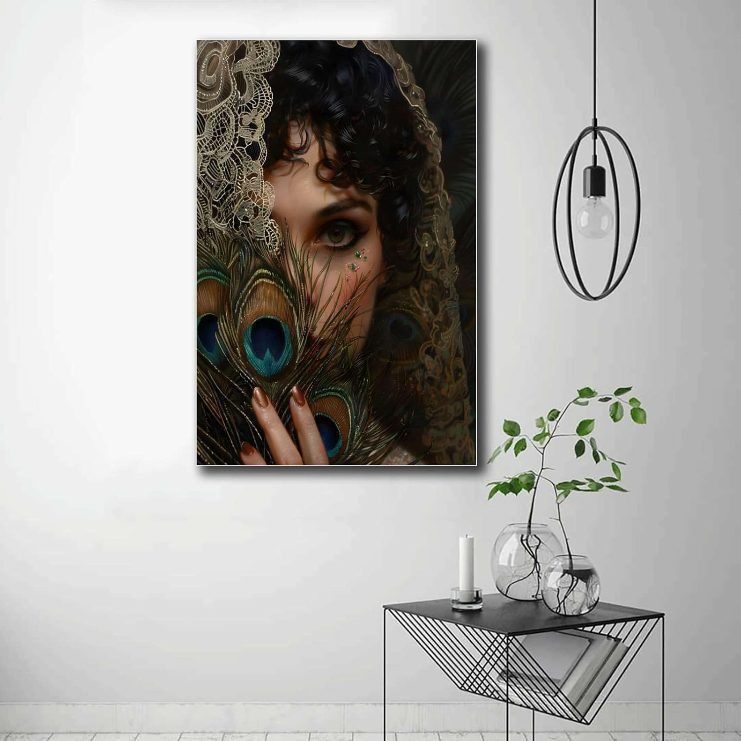 Wall Art Canvas Print Peacock Feather Fan Victorian Art Poster Print vintage woman Print victorian art Living Room and Bedroom Decoration 12x18inch Wood Frame