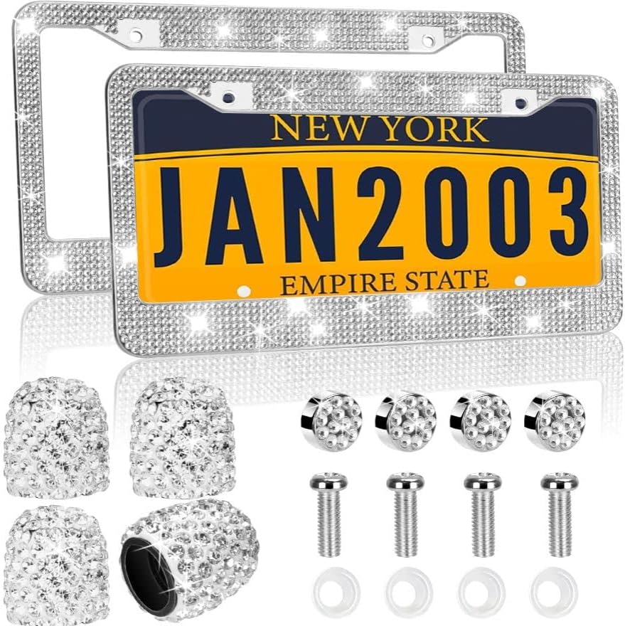 Bling Diamond License Plate Frames 2 Pack - AIRXWILLS Rhinestone License Plate Frames for Women, Stainless Steel Sparkly Car Plate Frame, Bling Valve Stem Caps Included