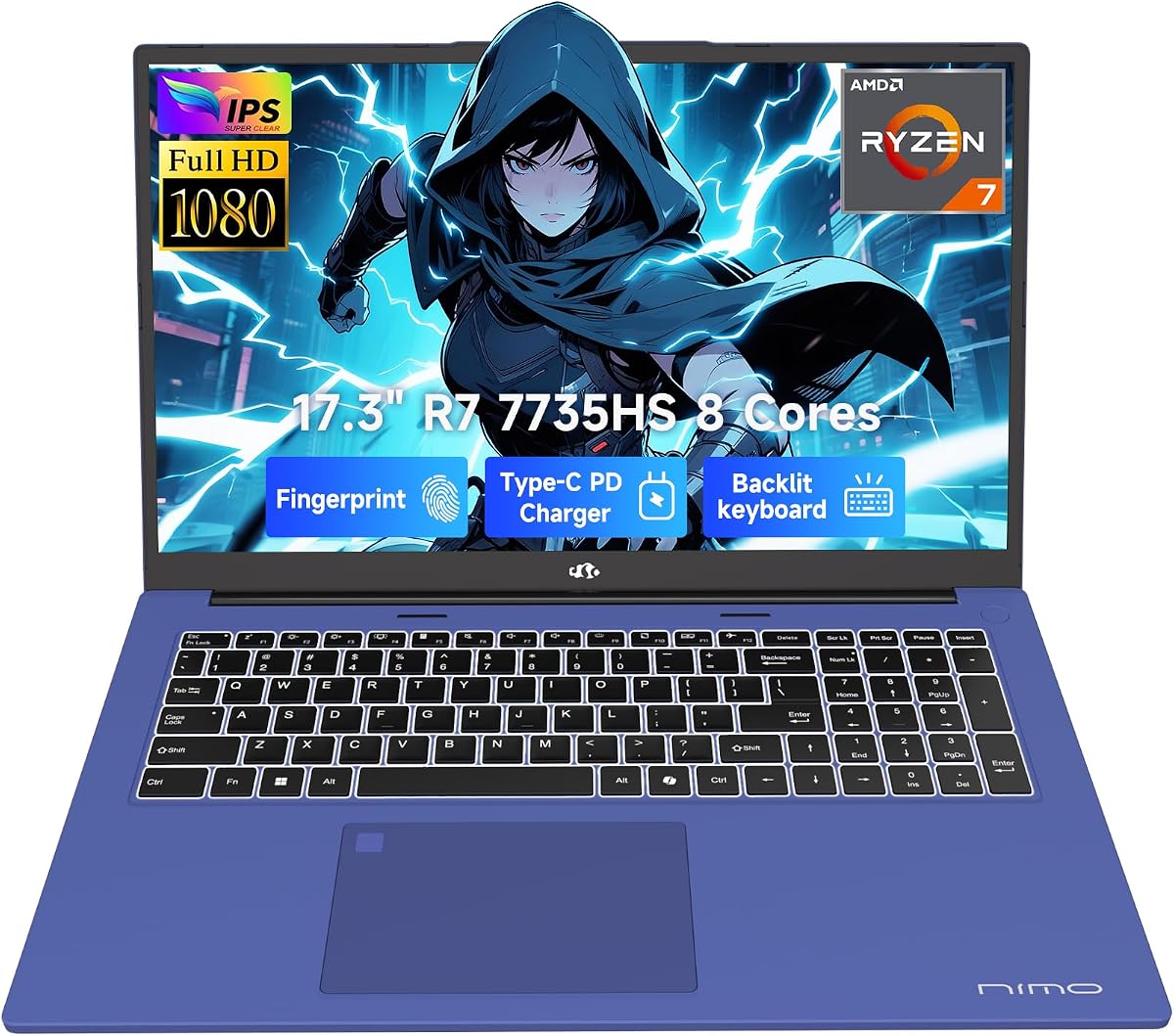 NIMO 17.3" Gaming-Laptop, AMD Ryzen 7 7735HS (8C/16T, Beats i7-12650H) 16GB DDR5 RAM 1TB SSD Computer with Radeon 680M, 100W Type-C Charger, Wi-Fi 6E, 58Wh Battery, Fingerprint, Backlit Keyboard