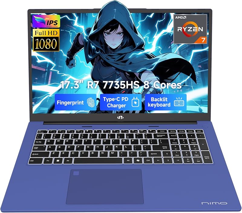 NIMO 17.3" Gaming-Laptop, AMD Ryzen 7 7735HS (8C/16T, Beats i7-12650H) 16GB DDR5 RAM 1TB SSD Computer with Radeon 680M, 100W Type-C Charger, Wi-Fi 6E, 58Wh Battery, Fingerprint, Backlit Keyboard