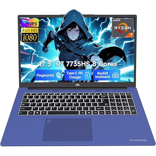 NIMO 17.3" Gaming-Laptop, AMD Ryzen 7 7735HS (8C/16T, Beats i7-12650H) 16GB DDR5 RAM 1TB SSD Computer with Radeon 680M, 100W Type-C Charger, Wi-Fi 6E, 58Wh Battery, Fingerprint, Backlit Keyboard