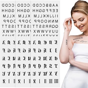 Joez Wonderful 6 Pcs Letter Temporary Tattoos, Waterproof Fake Stickers, Assorted Alphabet Letter Stickers, Black Temporary Tattoo Stickers for Adults Men Women Face Body Finger 2 Styles