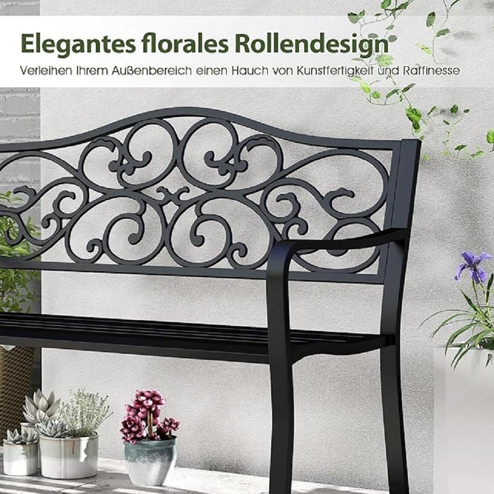 GOPLUS Gartenbank Metall, 2-3 Sitzer Parkbank wetterfest bis 300kg belastbar, Terrassenbank mit Rücklehne und Armlehne, Sitzbank Outdoor Antik für Garten Balkon Terrassen, 128 x 62 x 89 cm