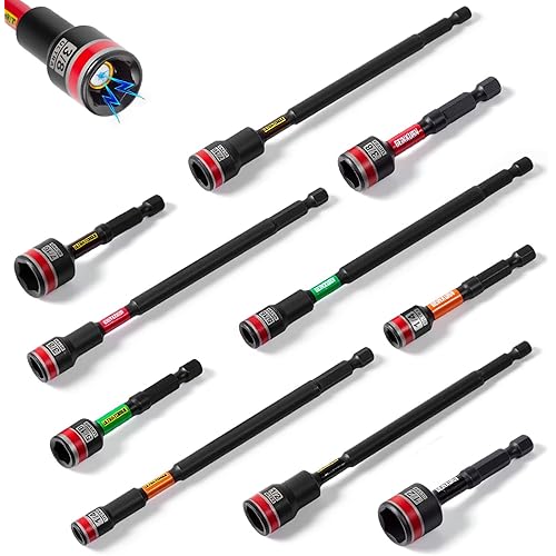 Impact Nut Driver Set, 10 Pieces 2.56”6”Long 1/4”5/16”3/8”7/16” 1/2”6 Point Alloy Steel Magnetic SAE Nut Setter Set Use For Require Installing 1/4 Hex Shank Impact Driver with Case Box