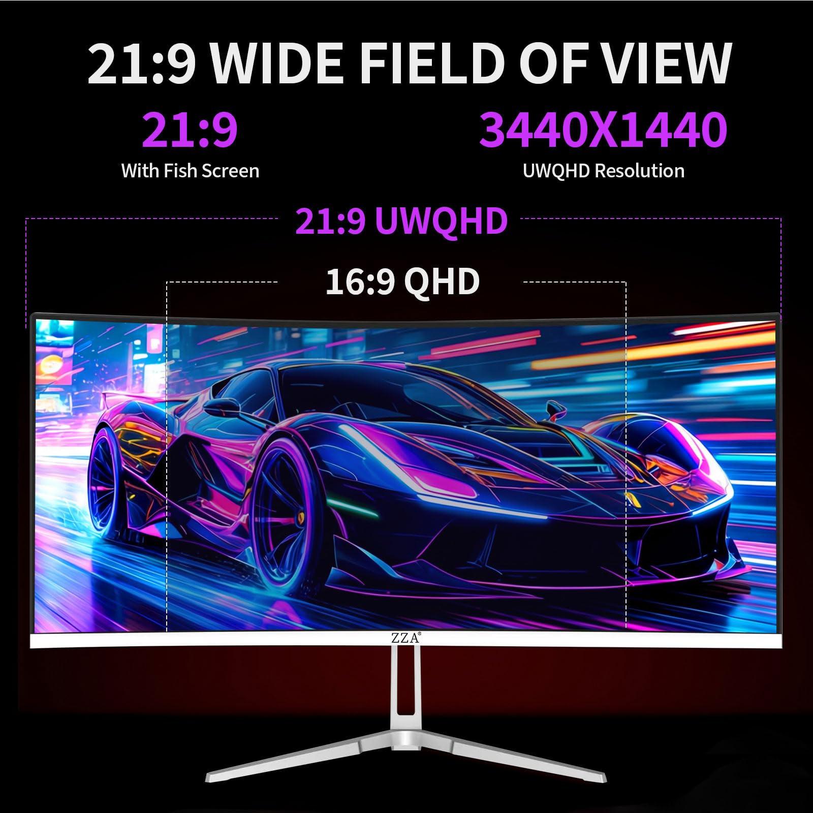 ZZA Monitor do gier 34'' - 165 Hz/180 Hz WQHD (3440 x 1440P), zakrzywiony monitor o ultra szerokości 34 cali, FreeSync do gier bez przerwy, 100% sRGB, HDMI 2.1 i DP 1.4, PBP Mod