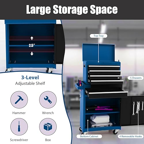 Miniatura 4 de IRONMAX Caja de herramientas con ruedas, armario de herramientas con cerradura de 5 cajones con estante ajustable y 4 ruedas universales, caja de