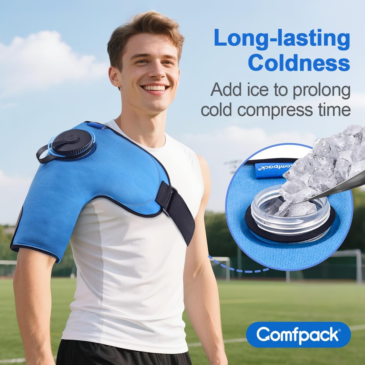 Comfpack Bolsa de hielo recargable para aliviar el dolor de hombro, bolsa fría de viaje con correas para lesiones, puño rotador, hinchazón, dolor muscular, recuperación después de la cirugía