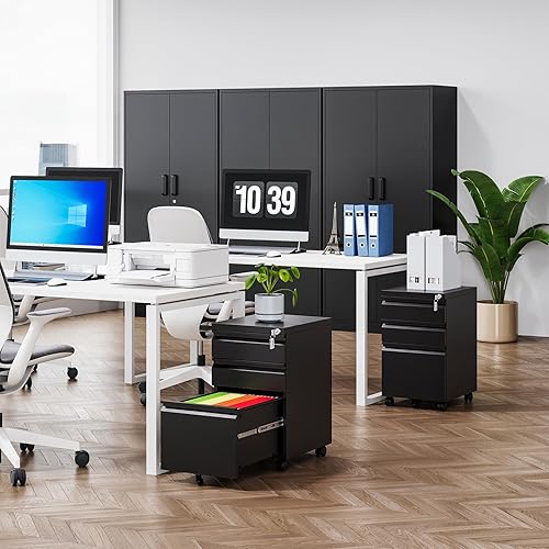 Vista 4 de MIIIKO Archivador de 3 cajones, archivador de metal con ruedas enrollables de bloqueo, almacenamiento de oficina debajo del escritorio, cajones Negro
