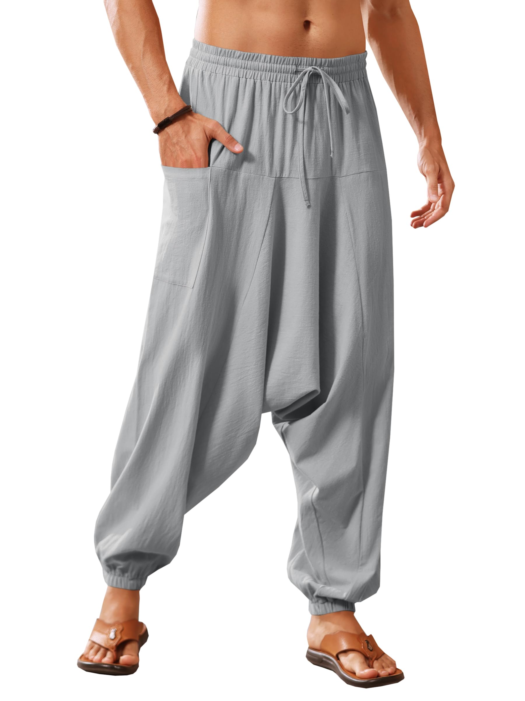 Runcati Pantalon sarouel baggy hippie décontracté en lin pour homme - Pantalon de yoga - Pantalon de plage