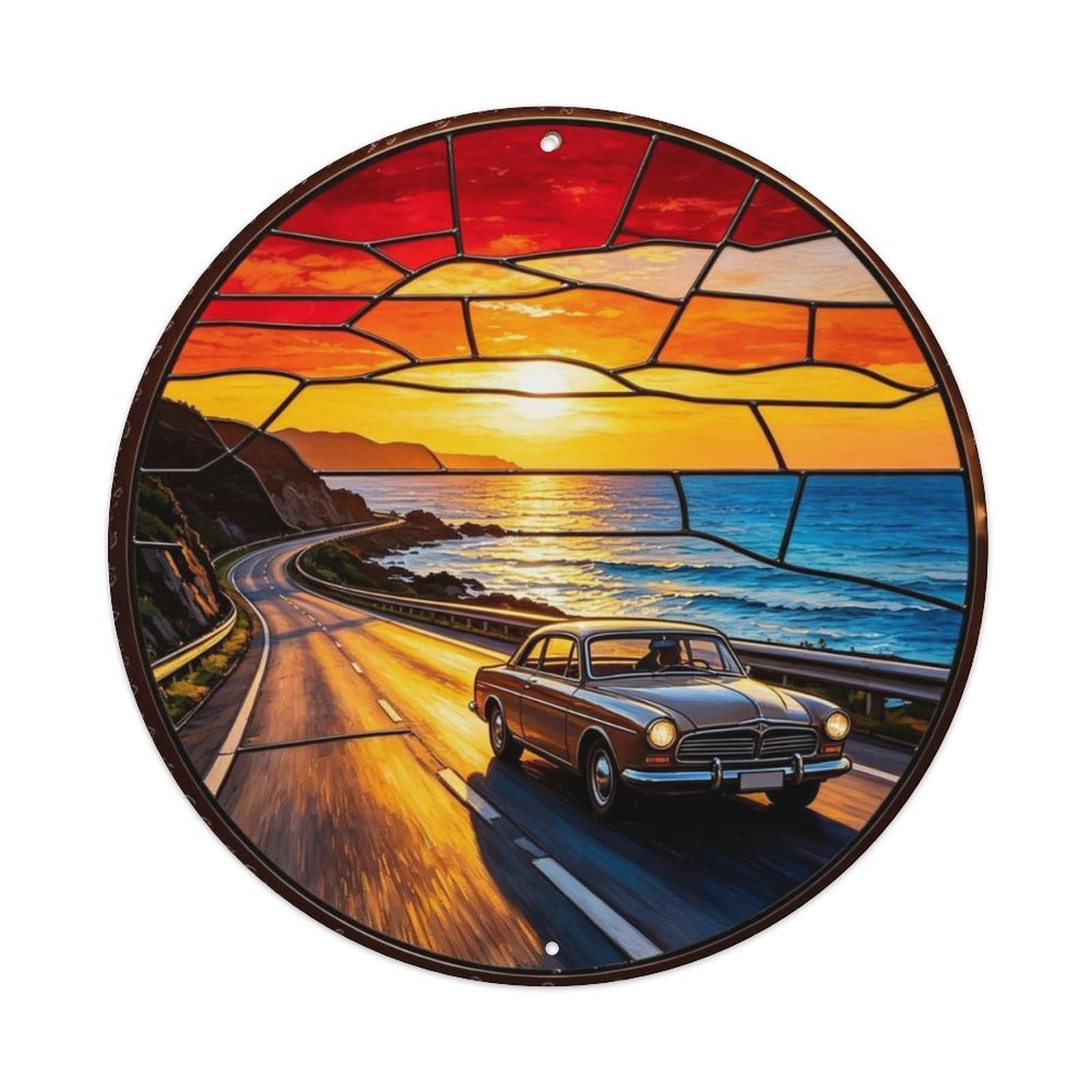 Vintage Coastal Highway Sunset Stained Glass Metal Tin Sign Plaque