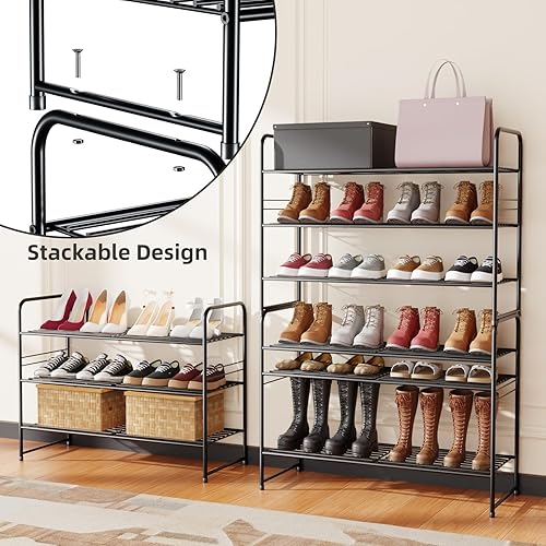 Miniatura 6 de GEORIS Estante de almacenamiento para zapatos de 3 niveles organizador de zapatos apilable de 1620 pares para armario de entrada color negro