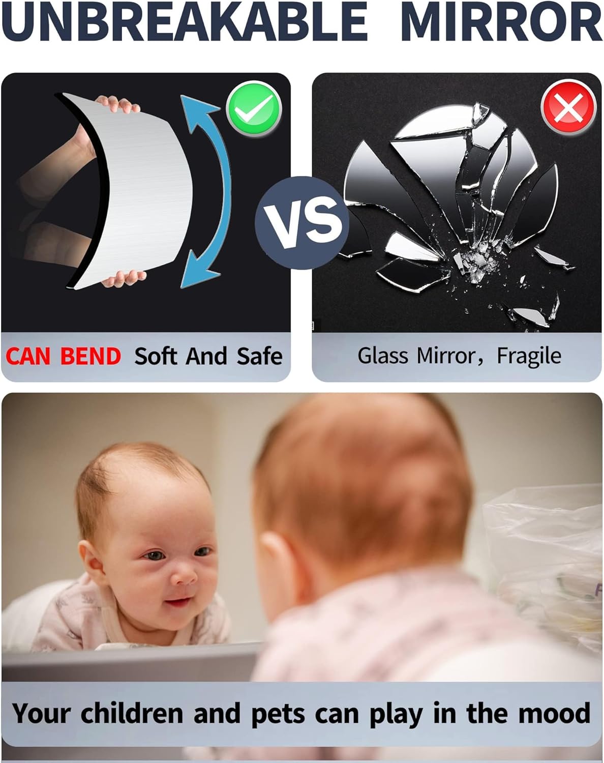 quegau Full Length Safety Shatterproof Mirror for Kids - Plastic Wall Mirror Made of Acrylic Plexiglass, 4 Pcs 14" x14" - Long Bedroom Door Closet Mirror for Home Gym Body Workout
