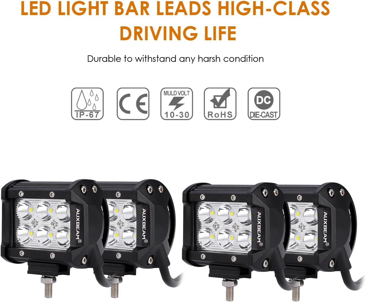 Auxbeam 4 Pcs 4" LED Light Bar 18W LED Pods Spot Beam with 6pcs 3W LEDs Chips Driving Light Waterproof LED Bar (Without Wiring Harness)