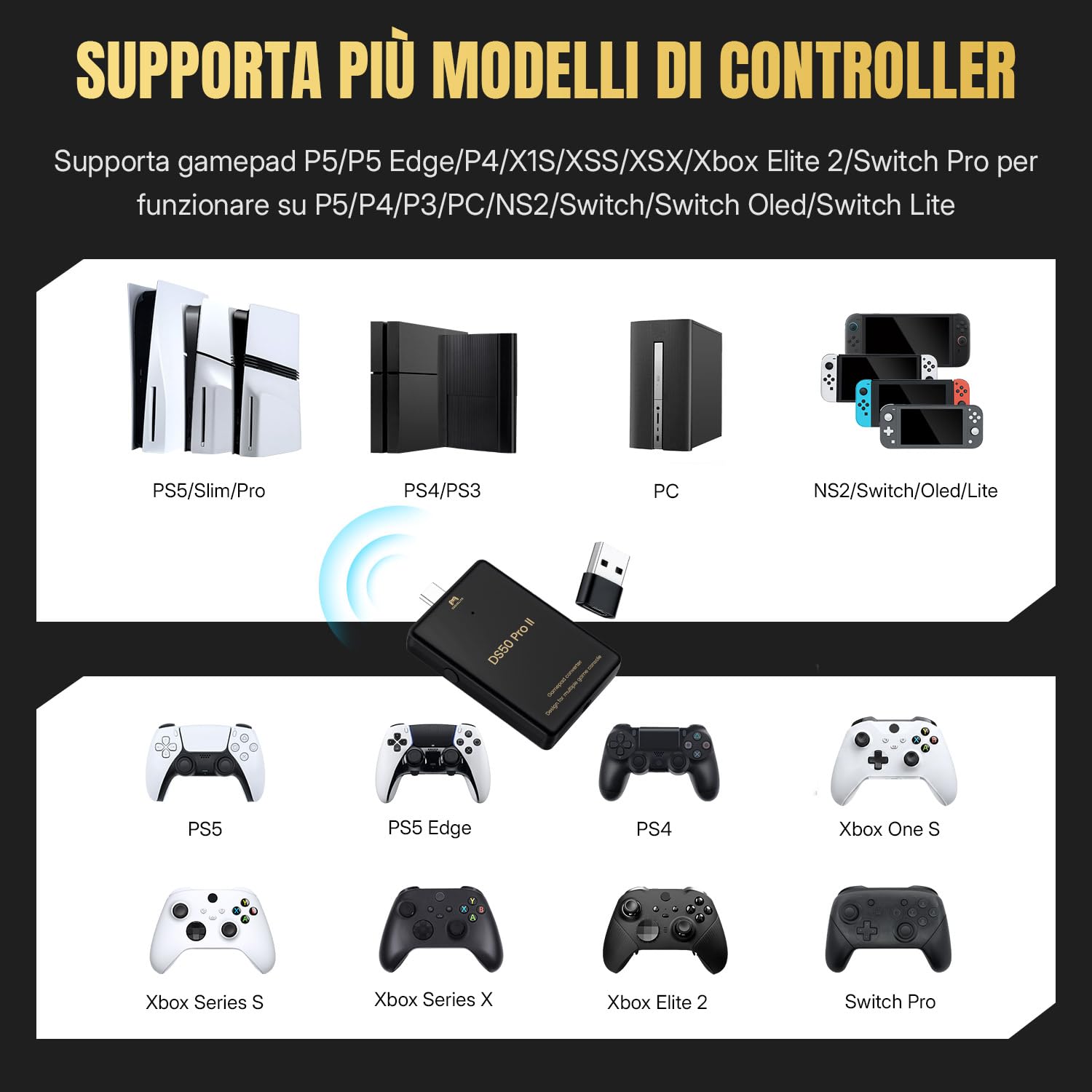 Mcbazel Besavior DS50 PRO2 Convertitore per Gamepad, supporta controller PS5/PS4/Xbox One S/Xbox Series X/S/Xbox Elite 2/Switch Pro su PS5/PS4/PS3/PC/Switch 2 e 1/Lite, audio integrato da 3,5 mm,
