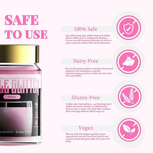 Miniatura 3 de LOCDO Purpurina comestible, polvo de brillo comestible, purpurina 100% de grado alimenticio para bebidas, alimentos y pasteles, sin sabor ni