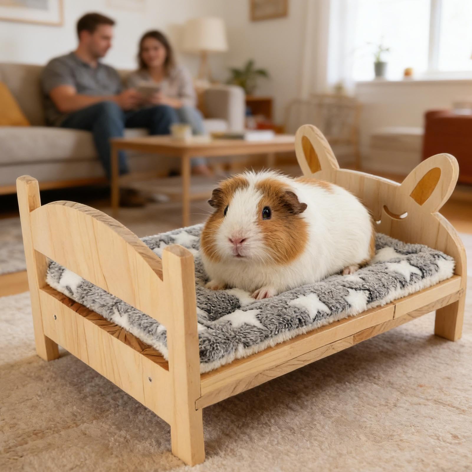 Cama de hurón pequeño de animales con alfombrilla | Jaula de madera desmontable para conejo, gatito, hámster, planeador, ardilla, interior, apartamento