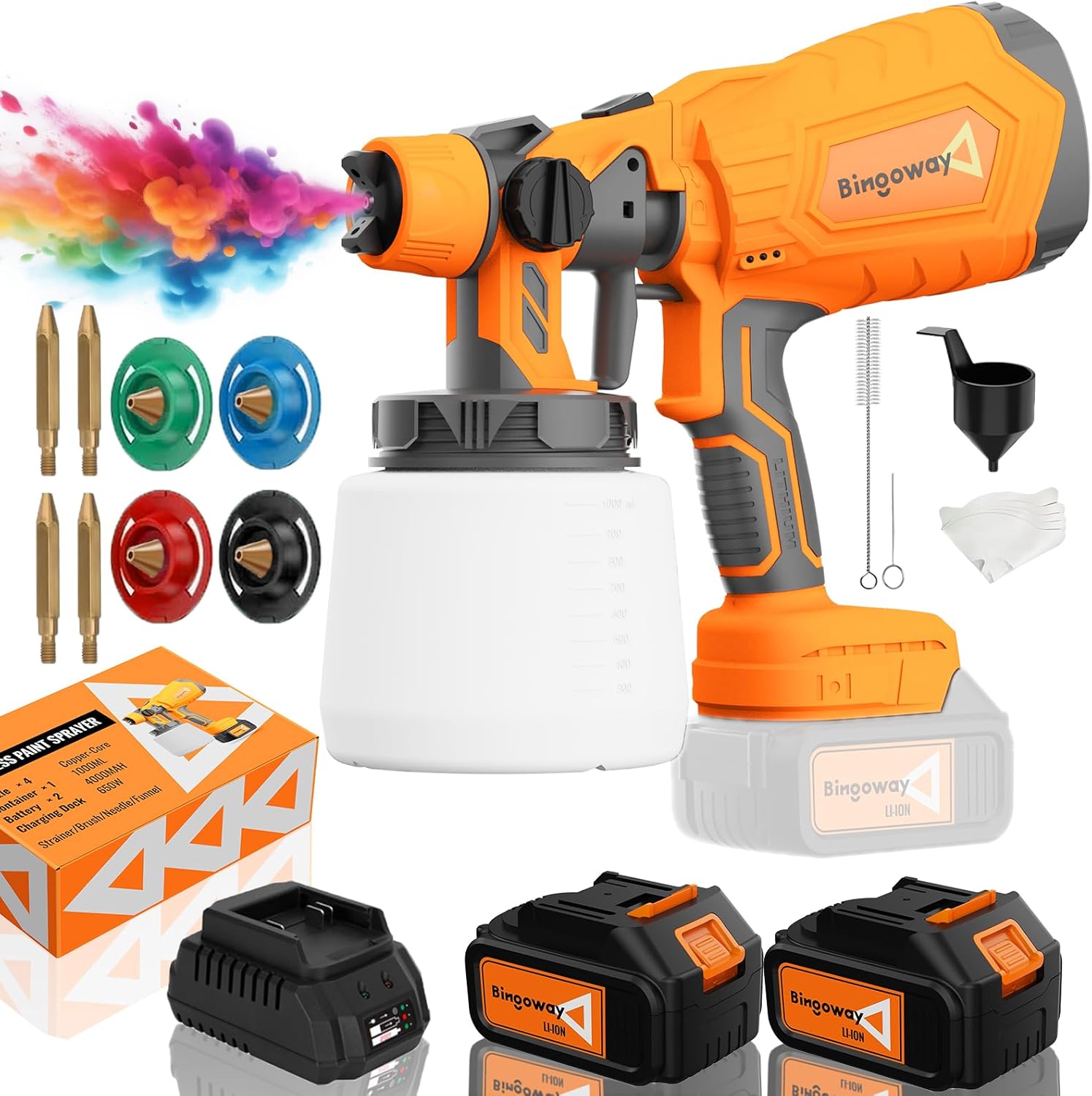 Cordless Paint Sprayer 21V 2 x 4000Ah Batteries, 700W HVLP Electric Spray Gun with 4 Nozzles & 3 Patterns, Adjustable Spray Width, Easy-to-Clean Sprayer for House Furniture Fence Door Painting