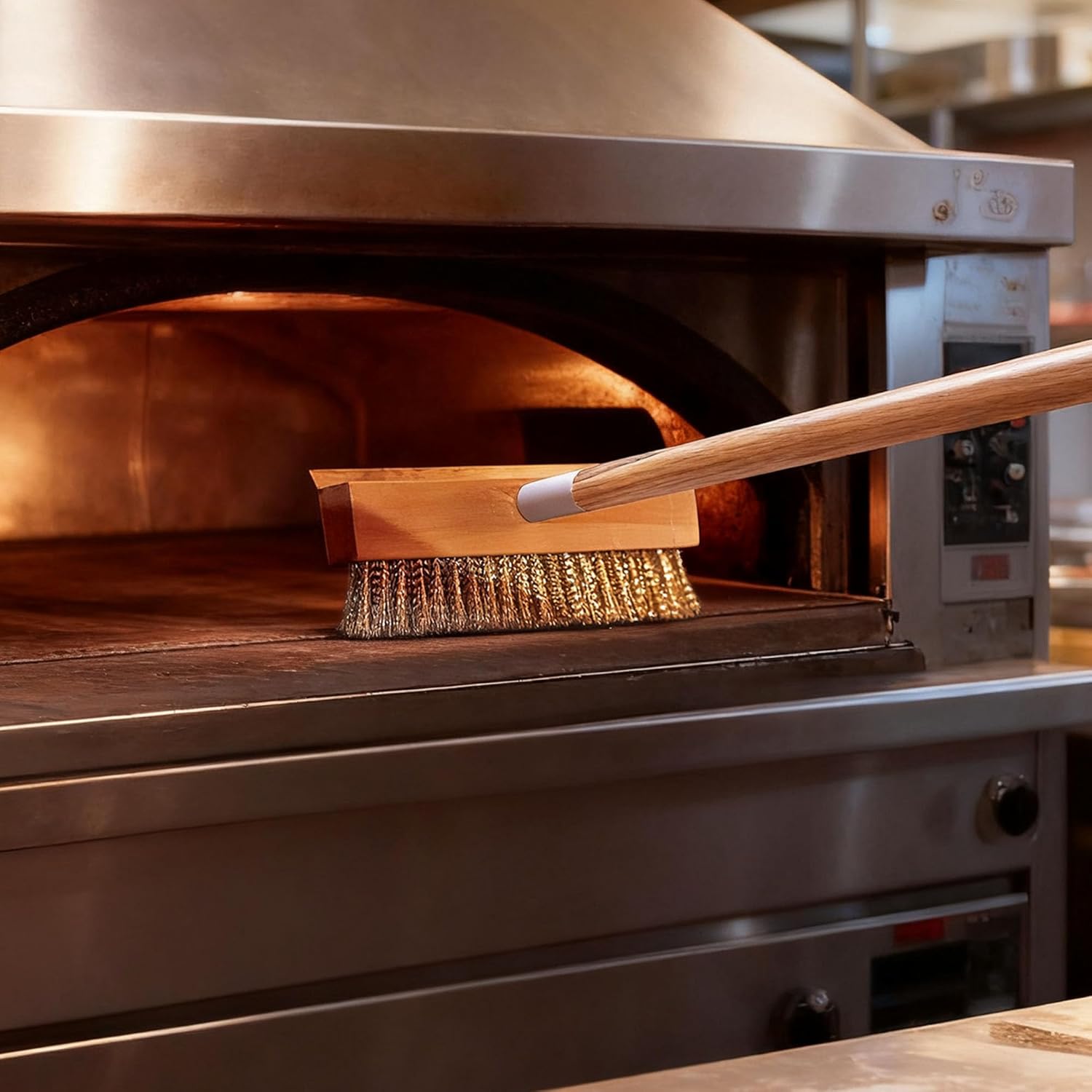 Commercial Oven Brush - Long Handle Pizza Oven Scraper Brush with Nylon & Brass Bristles for Grill & Bakery Cleaning