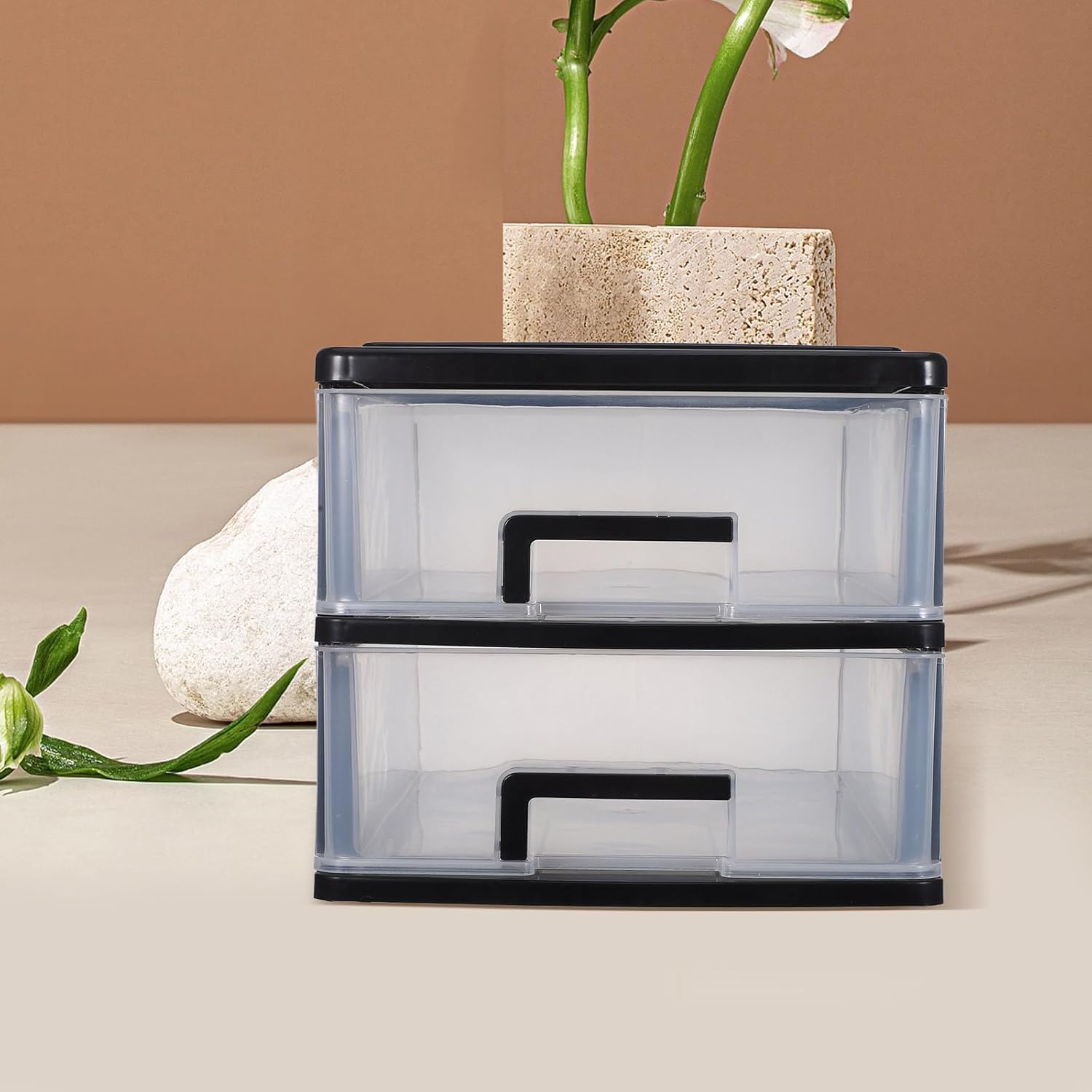 Desktop Storage Drawers Unit: 2 Shallow Drawers Easy-Pull & Clear For Home Office Documents Supplies & Accessories File Paper