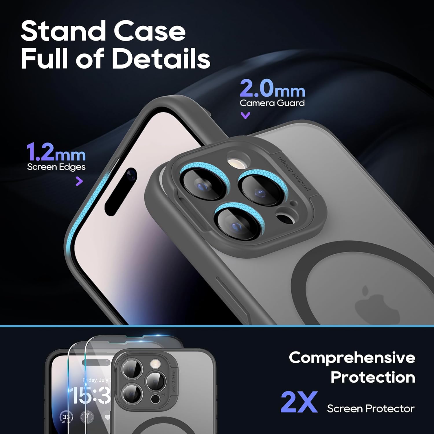 Magnetic for iPhone 15 Pro Max Case with Stand, Camera Kickstand with Screen Protector Compatible with Magsafe Shockproof Translucent Matte Cases 6.7-Inch (2023), Camera Gray